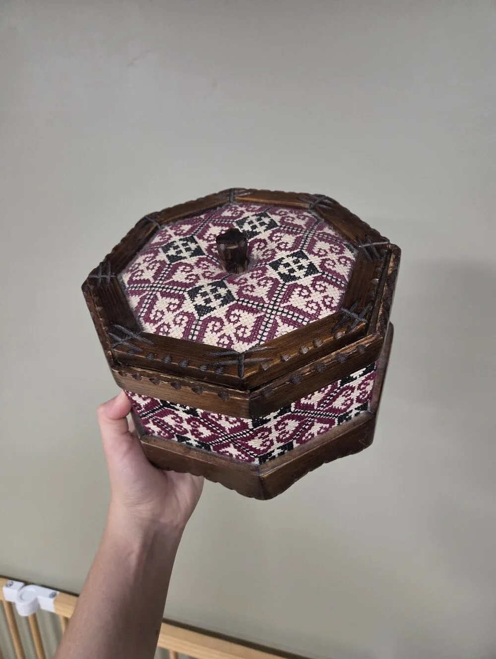 Vintage Octagonal Wooden Trinket Box Folk Art Cross Stitch Floral Geometric Boho
